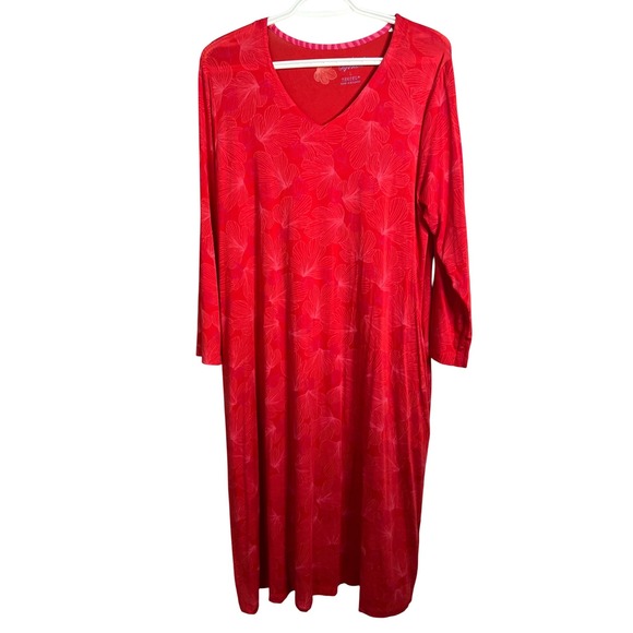 Gudrun Sjoden Midi Red Dress L Stretch Floral Long Sleeve Pullover Nightgown - Picture 1 of 9